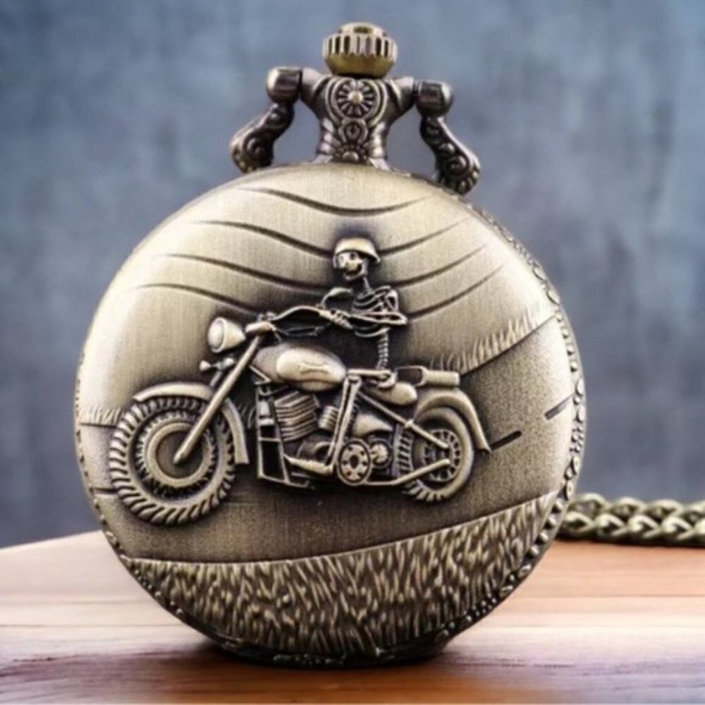 Pocket Watch Motorcycle Skeleton Biker Steampunk Chain Quartz Analog Retro Gift - Picture 2 of 16